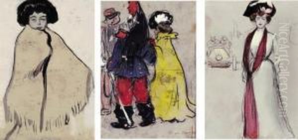 Manola Con Manton, El Saludo De Los Militares, Mujer Elegante Con Coche Al Fondo Oil Painting by Ramon Casas