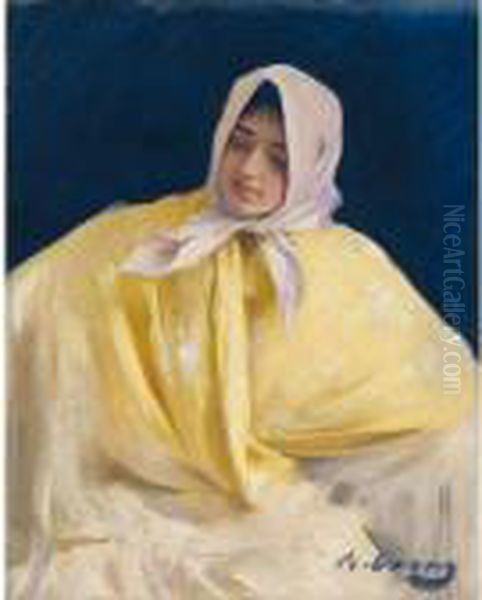 Chula Con Manton Amarillo (girl With A Yellow Shawl) Oil Painting by Ramon Casas