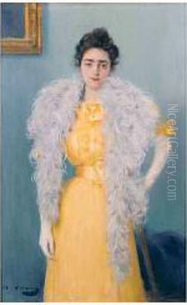 Mujer Con Boa (woman With Boa) Oil Painting by Ramon Casas