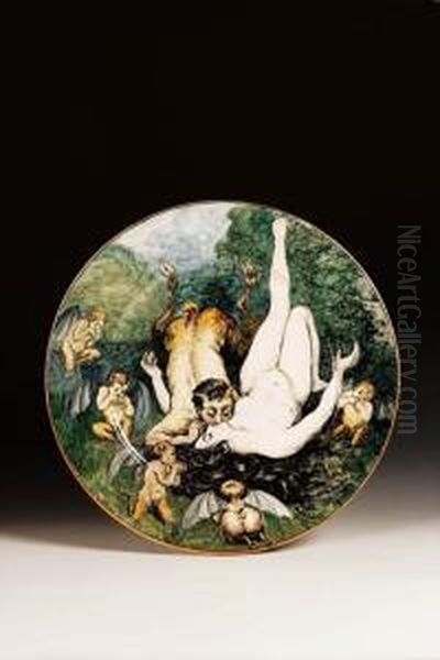 Piatto In Ceramica Dipinta In 
Policromia Con Una Scena Di Ispirazione Mitologica raffigurante il Bacio
 Tra Fauno E Una Ninfa Adagiati Su Un Prato e Circondati da Satiri. Oil Painting by Basilio Cascella