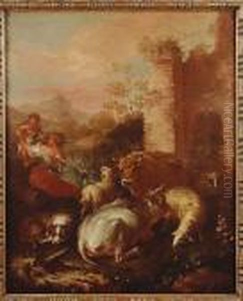 A Shepherdess, Her Child And A 
Dog Tending Cattle, Sheep, A Goat And A Ram By Ruins In An Italianate 
Landscape Oil Painting by Giovanni Agostino Cassana