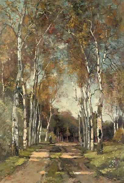 A birch-lined lane Oil Painting by Theophile Emile Achille De Bock