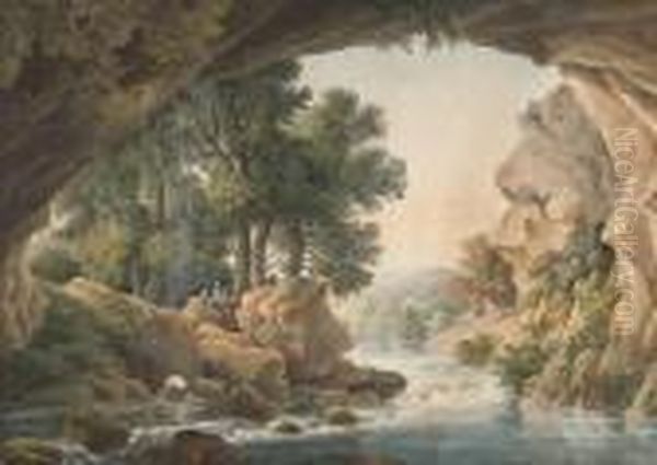 Personnages Orientaux Au Bord D'un Torrent
Et Paysage Montagneux Classique Avec Chateau Et Pyramide Oil Painting by Louis Francois Cassas