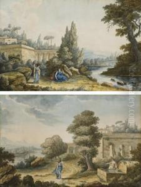 Deux Femmes Transportant De 
L'eau Pres D'une Fontaine, Une Villa Italienne A L'arriere-plan; Et Deux
 Femmes Avec Des Jarres Au Bord D'une Riviere, Une Villa Italienne A 
L'arriere-plan Oil Painting by Louis Francois Cassas