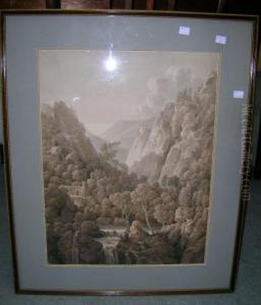 Vue Du Chateau Et D'une Partie 
De La Lac De Bracciano; Vue De La Vallee Et Des Grands Rochers Au Desus 
De La Cascade De Terni Ink Oil Painting by Louis Francois Cassas