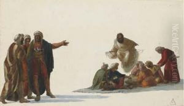 A Group Of Bedouins Eating At A 
Low Table, A Bearded Man Seated Ona Ledge And Three Others To The Right Oil Painting by Louis Francois Cassas