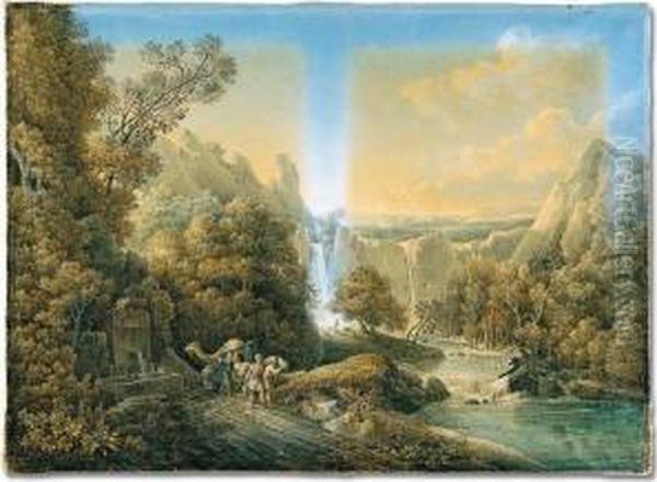 A Mountainous Landscape With A 
River And Waterfalls, Travellers With A Camel In The Foreground And A 
City By The Sea In The Distance Oil Painting by Louis Francois Cassas