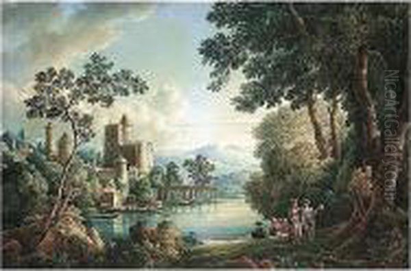 A Capriccio View With Turkish 
Figures By A Lake, A City With A Fortress And A Minaret On The Other 
Bank Oil Painting by Louis Francois Cassas