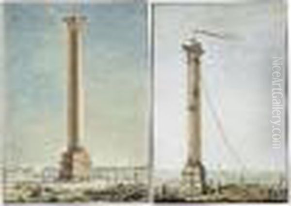 A Pair Of Drawings Of Columns: 
A) Pompey's Column At Alexandria With A Kiteflier; B) A Column By The 
Sea With The French Flag Flying Oil Painting by Louis Francois Cassas