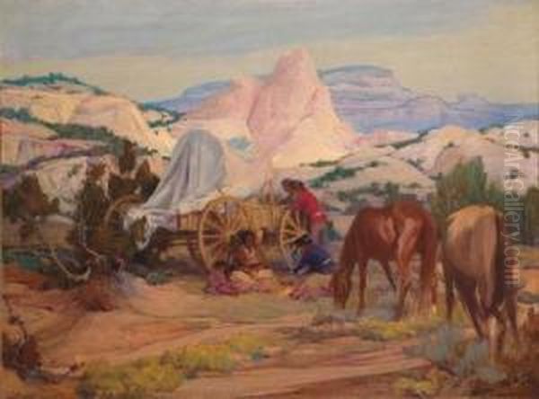 Evening Meal - Navajo Land Oil Painting by Ira Diamond Gerald Cassidy
