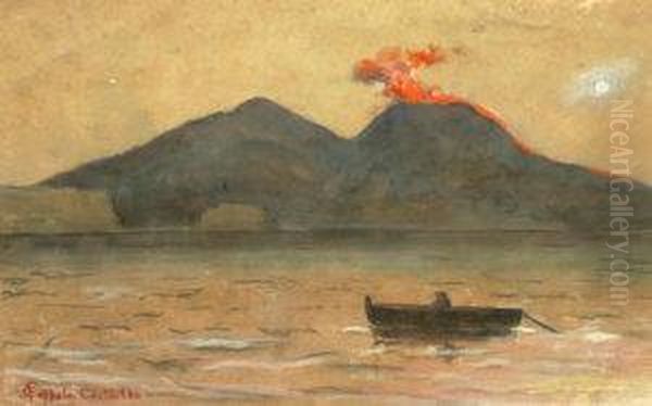 Manner Of Francesco Coppola 
Castaldo, Italian -- Fishing Vessel Off Stromboli; Black Chalk 
Watercolour And Gouache On Buff Paper, Bears Signature, 28x41.5cm Oil Painting by Francesco Coppola Castaldo