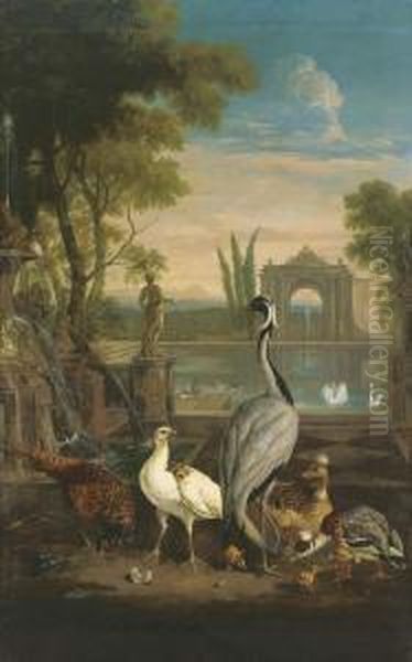 A Demoiselle Crane, A Pheasant, A
 Duck And Other Birds In An Italianate Garden With A Lake Oil Painting by Pieter Casteels