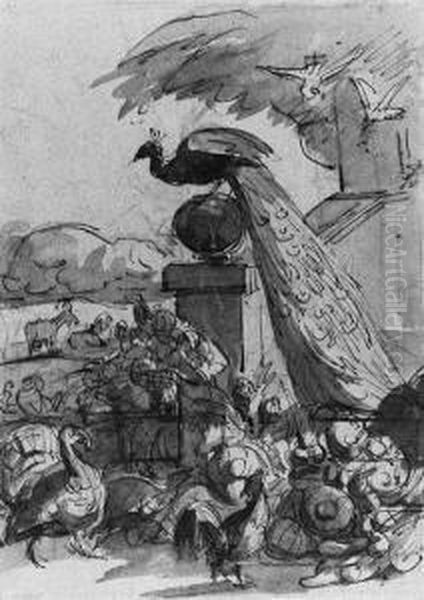 A Peacock, A Turkey, A Pheasant,
 A Cock And Two Songbirds By Amonumental Staircase In A Garden, Cattle 
Beyond Oil Painting by Pieter Casteels