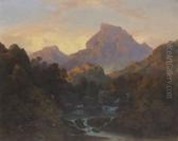Gebirgslandschaft (in Den Sabiner
 Bergen?) Mit Burganlage. Oil Painting by Alessandro Castelli