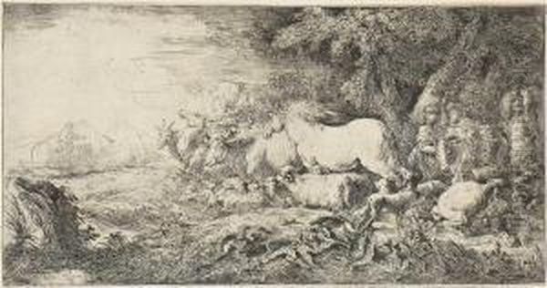 Noah Lasst Die Tiere In Die Arche Gehen Oil Painting by Giovanni Benedetto Castiglione