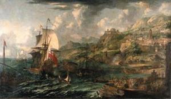 A Capriccio Of A Mediterranean 
Harbour With A British Man-o-war Anda Galley And Numerous Figures On A 
Quay Oil Painting by Lorenzo A. Castro