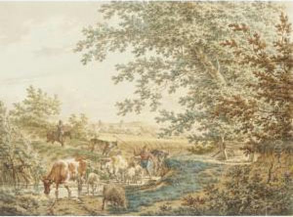 A Wooded Landscape With A Boy 
Driving Cattle And Sheep Through A Stream, The Ruins Of Brederode Castle
 In The Distance Oil Painting by Jacob Cats
