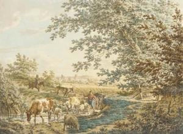 Cattle At A Pond In A Landscape;
 And A Woman With Cattle Crossing Abridge In An Extensive Landscape Oil Painting by Jacob Cats