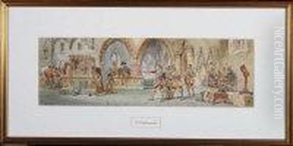 A Scene From The English Civil 
War With A Group Of Roundheads Usinga Royalist Portrait For Target 
Practice Oil Painting by Charles Cattermole