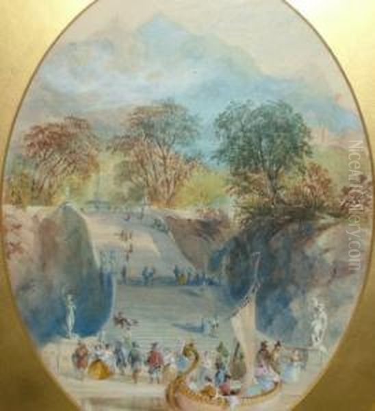 Figures In Fancy Dress, Arriving
 At A Ball In Anitalianate Landscape And Figures By A Walled European 
Town Oil Painting by Charles Cattermole