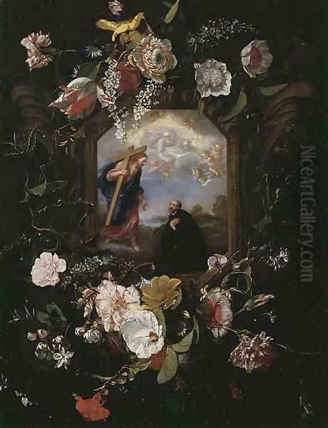 A floral garland surrounding a cartouche with the Vision of Saint Ignatius Loyola Oil Painting by Jan Anthonie Van Der Baren