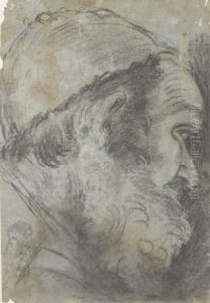 Head Of A Bearded Man In A Cap, 
In Profile To The Right, With Astudy Of Another Head In The Lower Left 
Corner Oil Painting by Giacomo Cavedone