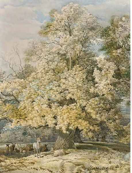 Deer grazing under a tree in a parkland landscape Oil Painting by Richard Beavis