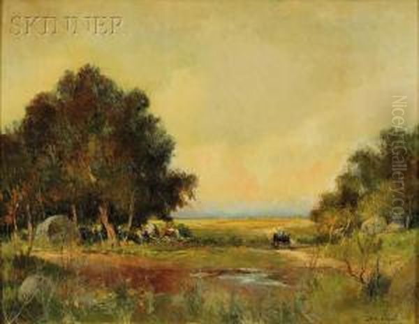 Landscape With Figures By A Tree And Cart Oil Painting by Jean-Charles Cazin