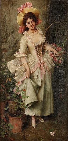 Italian Flower Seller Oil Painting by Adriano Cecchi