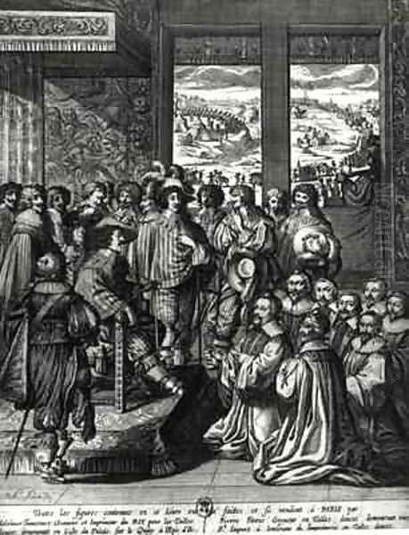 Louis XIII (1601-43) back from the siege of La Rochelle, congratulated by the Prevot des Marchands Oil Painting by Abraham Bosse