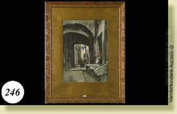 Ruelleanimee A Bruxelles, Fusain
 Et Pastel Sur Papier. Signe En Bas Adroite Julien Celos. Ecole Belge. 
Dim.: 55x39 Cm Oil Painting by Julien Celos