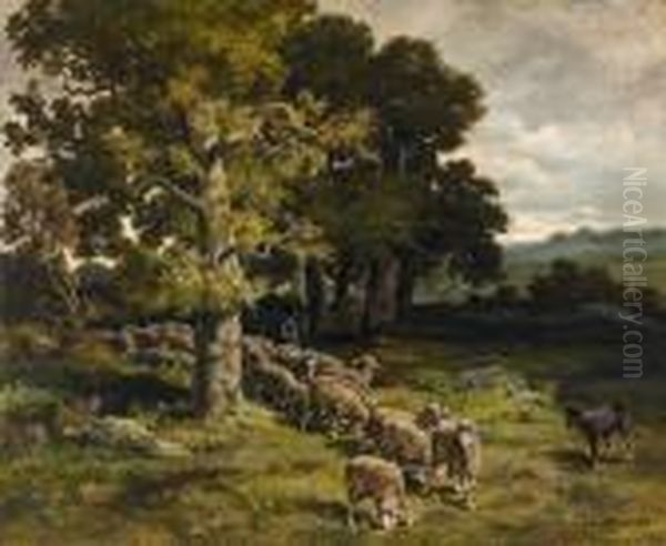 Schafherde In Eichenhain Oil Painting by Charles Ferdinand Ceramano