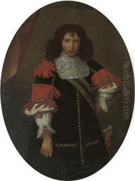Portrait Of A Gentleman, 
Three-quarter-length, In A Black Coat With Red Ribboning And A Sash Oil Painting by Carlo Ceresa