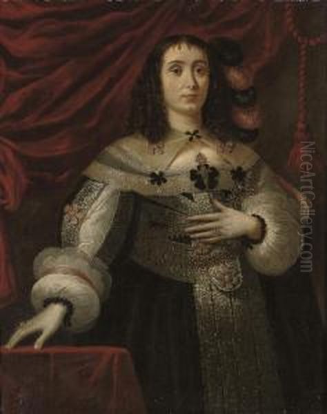 Portrait Of A Lady, 
Three-quarter-length, In A Black Dress With Silver Embroidery, Slashed 
Sleeves, And Black And Pink Bows, Ostrich Plumes In Her Hair, By A 
Draped Table Oil Painting by Carlo Ceresa