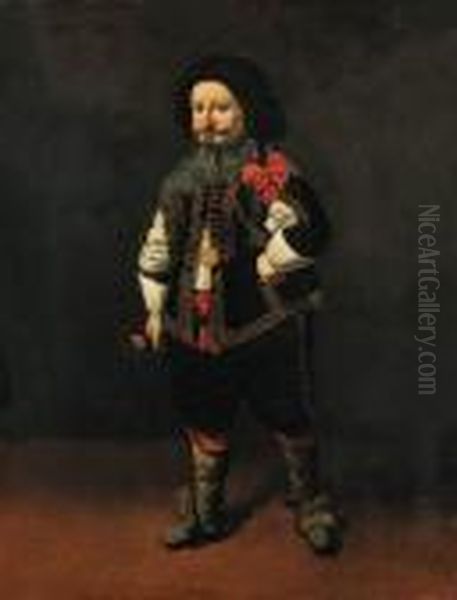 Portrait Of A Dwarf, 
Full-length, In A Gold-embroidered Black Coatwith Slashed Sleeves, Black
 Breeches, And A White Shirt Oil Painting by Carlo Ceresa