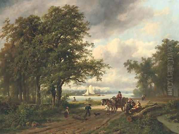 Gathering faggots by a river Oil Painting by Adrianus Henrikus De Bruine