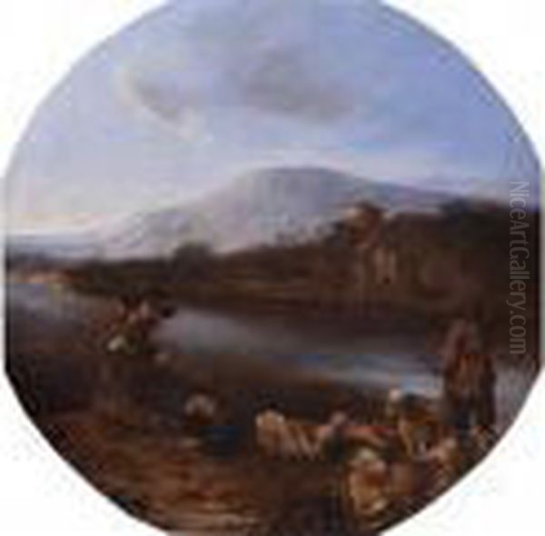 Hirten In Italienischer Landschaft
 Am Ufer Eines Flusses Oil Painting by Michelangelo Cerqouzzi