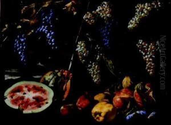 Natura Morta Di Frutta Con Tralci Di Vite, Anguria, Zucca, Mele,
Melograne E Susine Oil Painting by Michelangelo Cerqouzzi