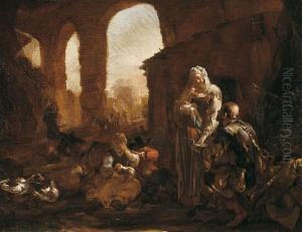 Scena Di Genere Con Figure E Rovine
 Olio Su Tela, Cm. 78x101 Oil Painting by Michelangelo Cerqouzzi