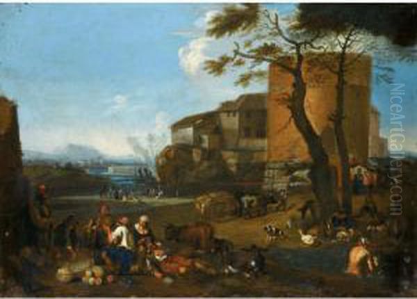 Italianate Landscape With 
Peasants Eating And Drinking With Their Animals Near A Fortified Village Oil Painting by Michelangelo Cerqouzzi