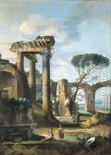 Una Contadina Dormiente Con Due 
Bambini Ed Un Astante Presso Iruderi Di Un'edicola Rurale Oil Painting by Michelangelo Cerqouzzi