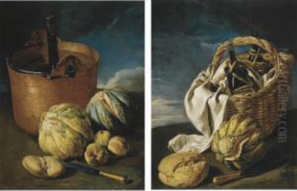 Still Life With A Melon, Knife, 
Bread, And A Basket With Two Wicker Covered Flasks Of Wine Wrapped In A 
White Cloth, All In A Stormy Landscape; Still Life Of Melons, Peaches, A
 Knife, Bread And A Copper Cooler With A Bottle Of Wine, All In A Stormy Oil Painting by Giacomo Ceruti (Il Pitocchetto)