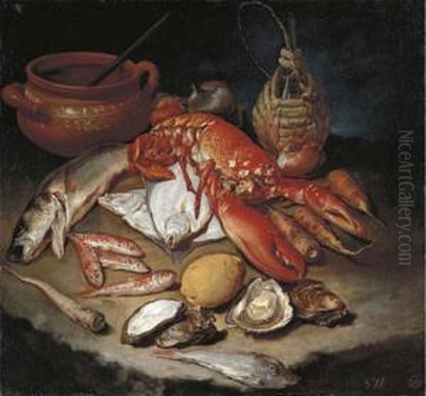 A Lobster, Herring, Turbot, 
Skate, Red Mullets And Oysters With Turnips, Onions, A Lemon, An 
Earthenware Pot And A Wicker And Glass Bottle On A Stone Ledge Oil Painting by Giacomo Ceruti (Il Pitocchetto)