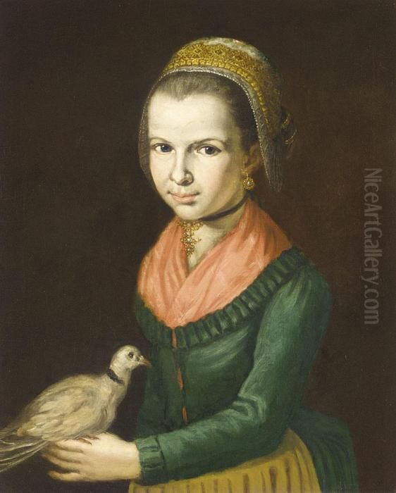 Young Girl Three-quarter Length 
Wearing A Green Dress A Red Chemise And An 
Elaborate Headress And Holding A Dove Oil Painting by Giacomo Ceruti (Il Pitocchetto)