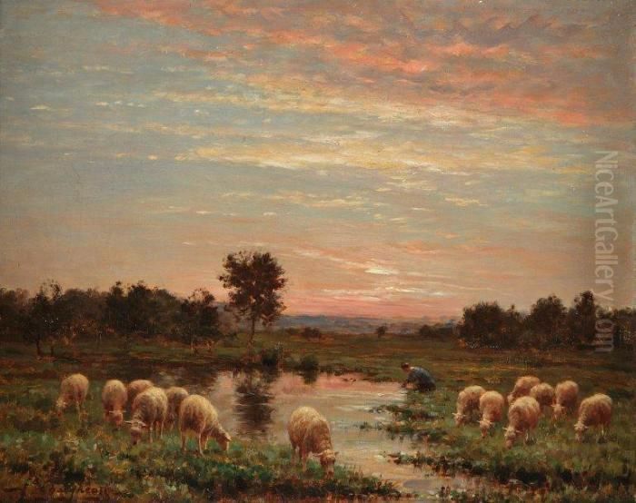 Moutons Pres De La Mare Oil Painting by Jean-Ferdinand Chaigneau