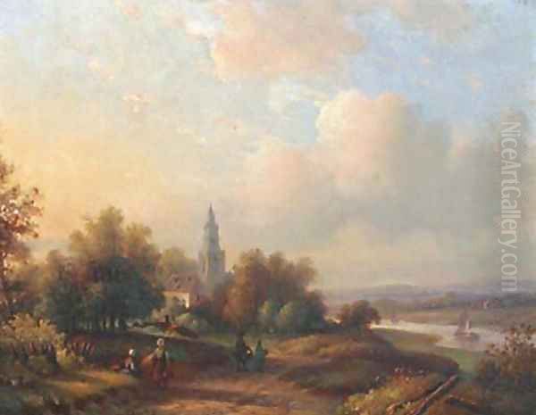 An extensive river landscape in summer Oil Painting by Maarten Jun Bos