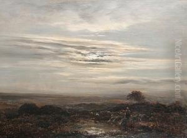 Berger Et Ses Moutons Au Clair De Lune Oil Painting by Jean-Ferdinand Chaigneau