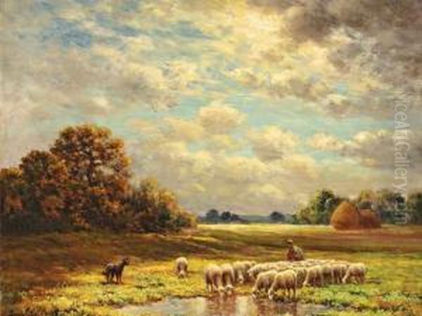 < Le Pere Chicoree Et Son 
Troupeau Achailly > Huile Sur Toile. Signee En Bas A Gauche. 34 X 41 Cm Oil Painting by Paul Chaigneau