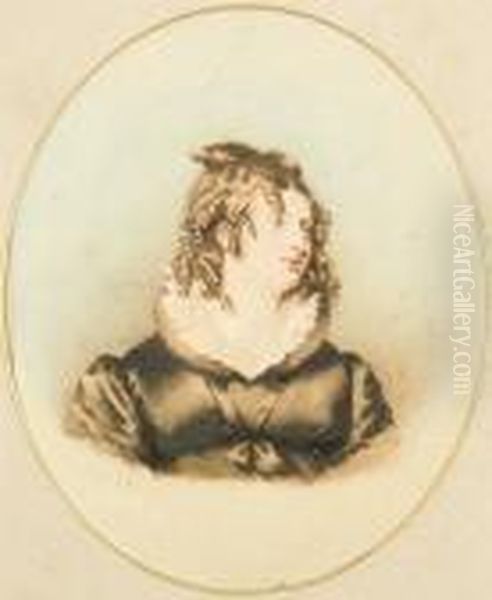 Portrait Of A Lady With 
Ringletted Hair And Wearing A Black Jacket With White Ruff Collar Oil Painting by Alfred-Edward Chalon