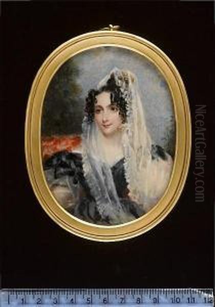 A Lady, Wearing Black Dress With
 Puffed Sleeves And Lace Trim, White Veil, Her Hair In Ringlets, Seated 
On Red Upholstered Chair In Woodland. Oil Painting by Alfred-Edward Chalon